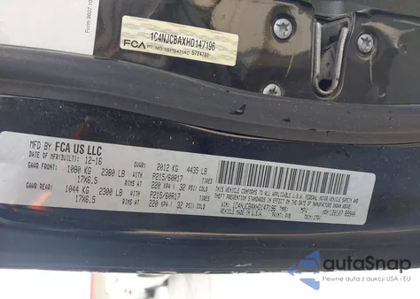 2017 Jeep Compass Sport Fwd z USA, uszkodzony, nr VIN 1C4NJCBAXHD147196